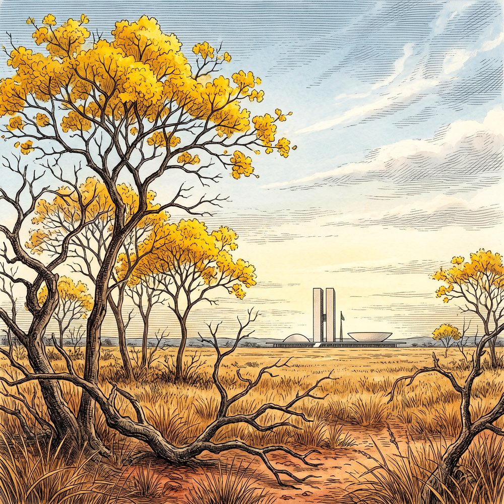 O cerrado de Brasília em agosto, com ipês amarelos floridos e o Congresso Nacional ao fundo.