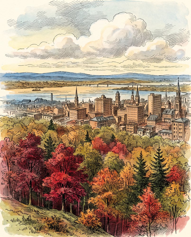 Montréal vista do Mont Royal em outubro, em gravura colorida: os bordos vermelhos na encosta, a cidade e o rio São Lourenço.